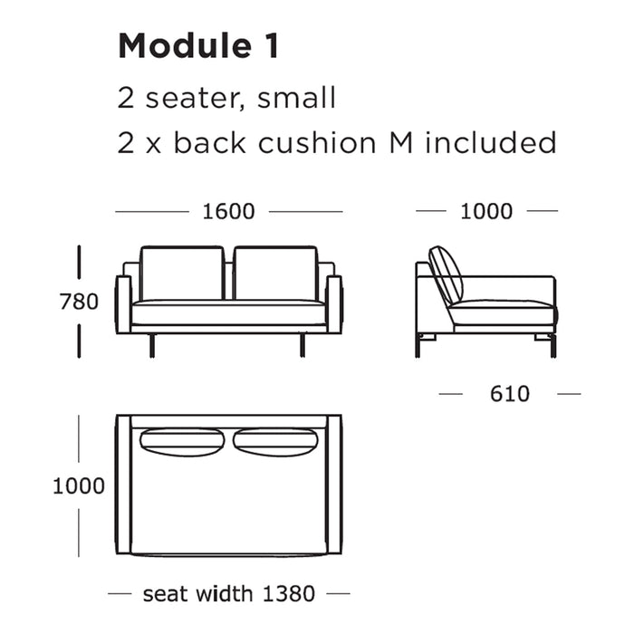 Two-seater sofa in neutral tones with subtle geometric patterns on cushions. Perfect for elegant, modern decor.