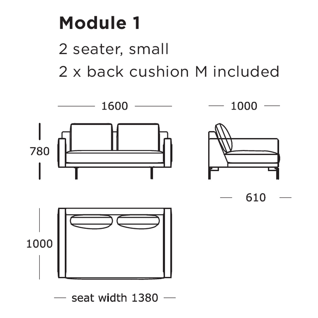 Two-seater sofa in neutral tones with subtle geometric patterns on cushions. Perfect for elegant, modern decor.
