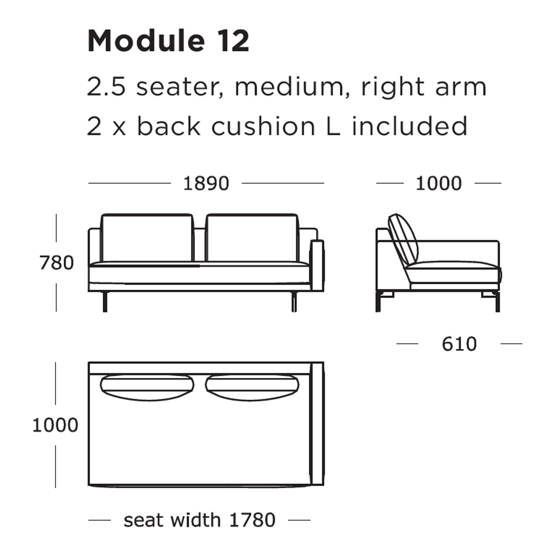 "Diagram of a beige 2.5 seater sofa with simple, modern lines and two round cushions."