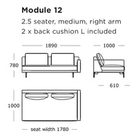 "Diagram of a beige 2.5 seater sofa with simple, modern lines and two round cushions."
