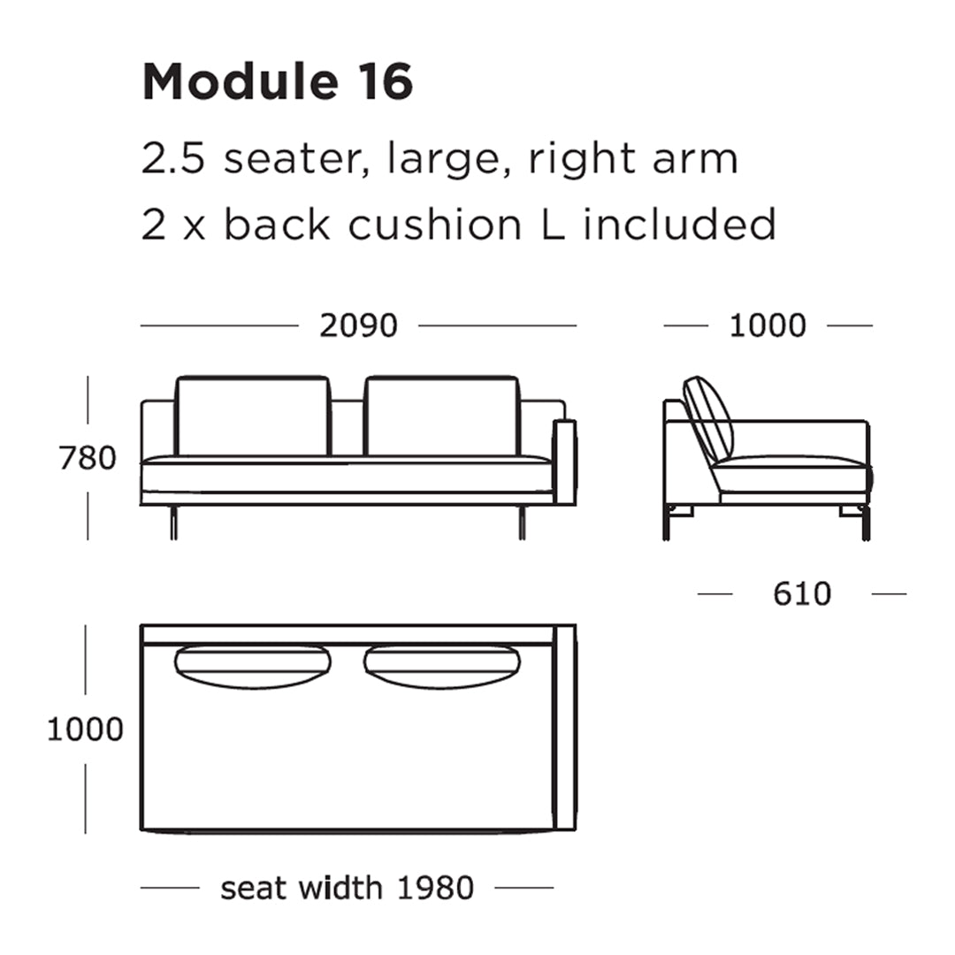 Colorful 2.5 seater modular sofa with a large right arm, featuring soft back cushions in a modern design.