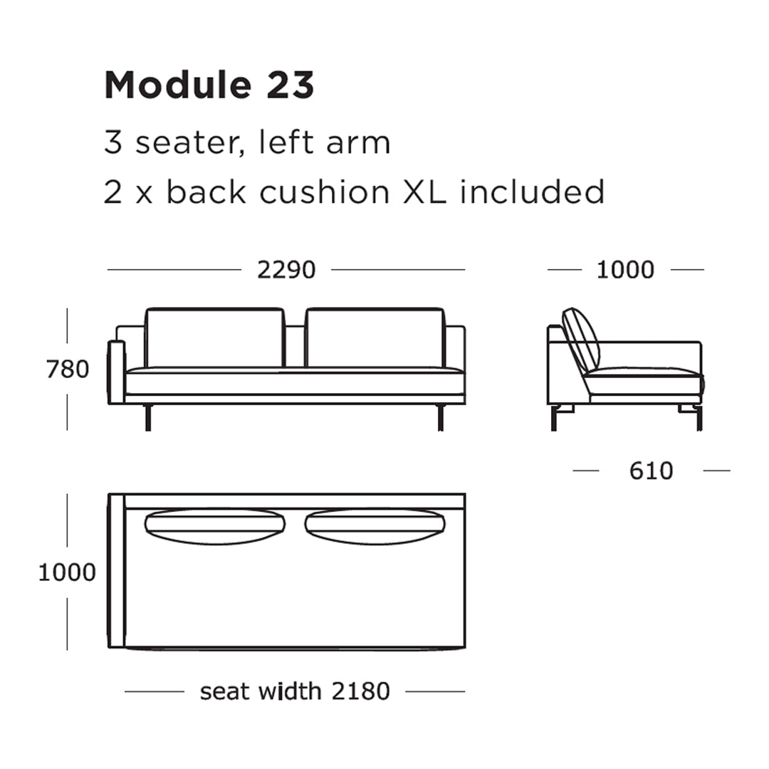 Three-seater sofa with a sleek design; features solid colors and soft textures for a modern aesthetic.