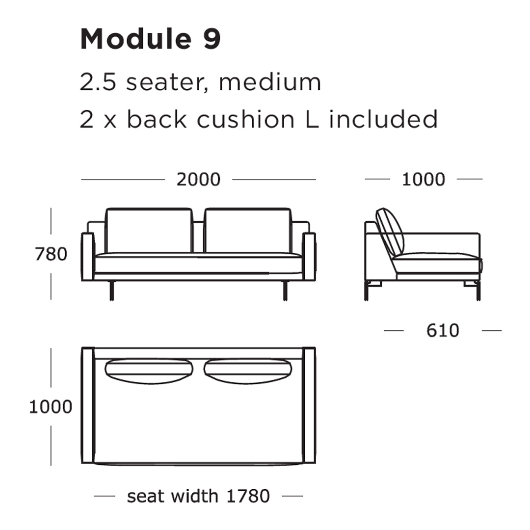Diagram of a modern, medium 2.5-seater sofa in a minimalist design with clean lines and a neutral color palette.