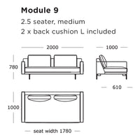 Diagram of a modern, medium 2.5-seater sofa in a minimalist design with clean lines and a neutral color palette.