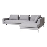 Light gray sectional sofa with a sleek design and solid upholstery, featuring clean lines and minimal padding.