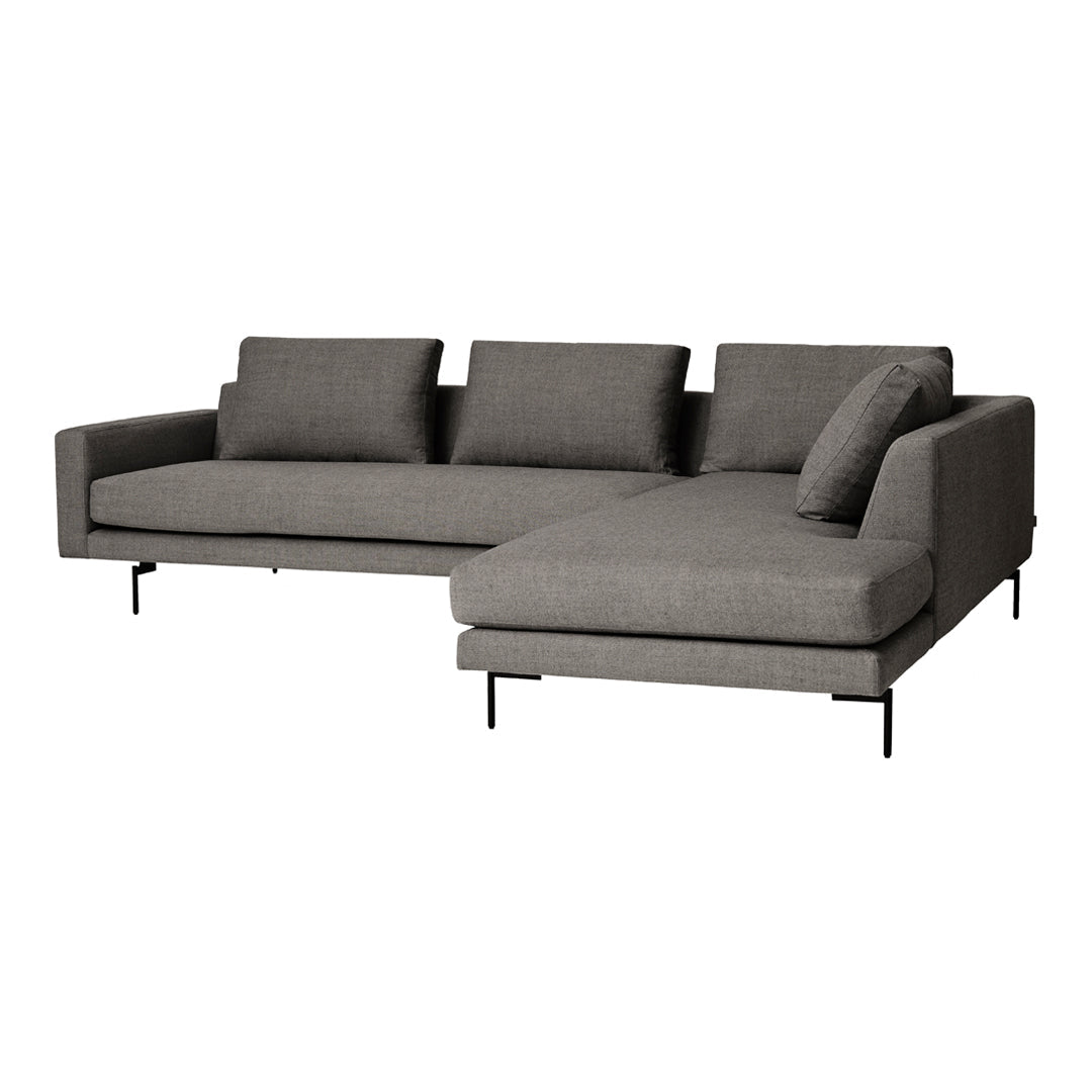 Gray sectional sofa with three cushions and sleek black legs, featuring a minimalist, textured fabric pattern.