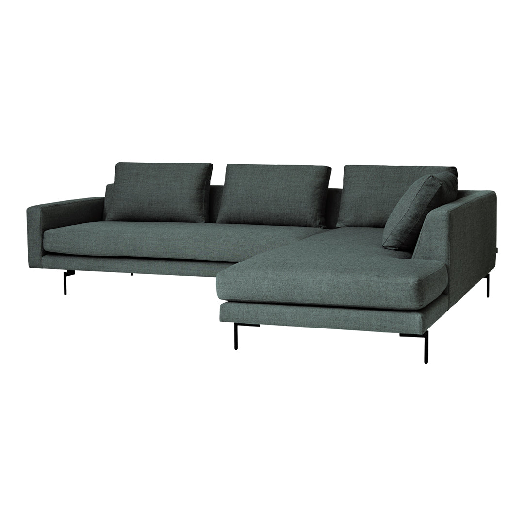 Modern dark grey sectional sofa with textured fabric and sleek, minimalist black legs. Ideal for contemporary spaces.