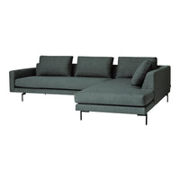 Modern dark grey sectional sofa with textured fabric and sleek, minimalist black legs. Ideal for contemporary spaces.