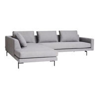 Gray fabric sectional sofa with sleek lines and removable cushions, elevated on minimalist metal legs.