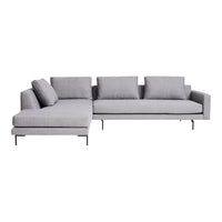 Light gray sectional sofa with smooth upholstery and clean lines, featuring subtle texture and minimalist design.