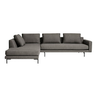 Modern gray sectional sofa with sleek lines and plush cushions, featuring a minimalist design and subtle texture.