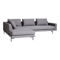 Gray sectional sofa with a sleek design and soft fabric upholstery, featuring simple lines and modern style.