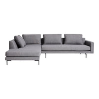Modern gray sectional sofa with clean lines and subtle texture, featuring solid color upholstery and sleek metal legs.