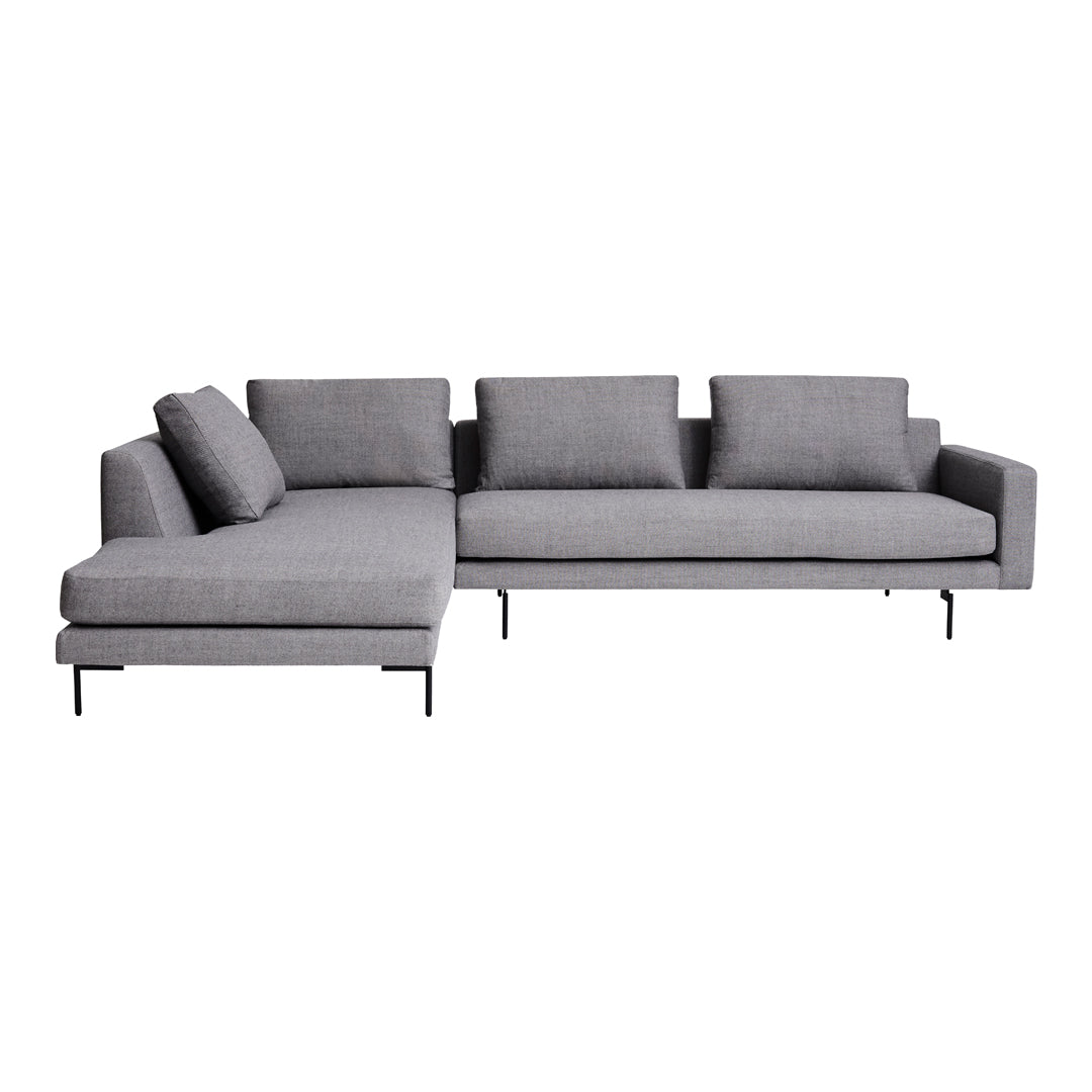 Modern gray sectional sofa with clean lines and subtle texture, featuring solid color upholstery and sleek metal legs.