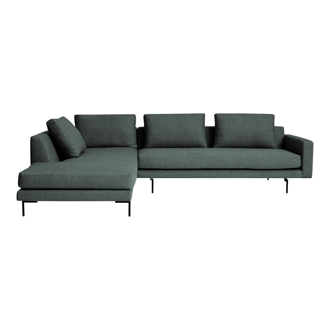 Modern dark green sectional sofa with sleek lines and minimalist design, featuring soft fabric upholstery and metal legs.