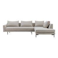 Light beige sectional sofa with sleek black metal legs and modern minimalist design. Soft fabric upholstery and plush cushions.