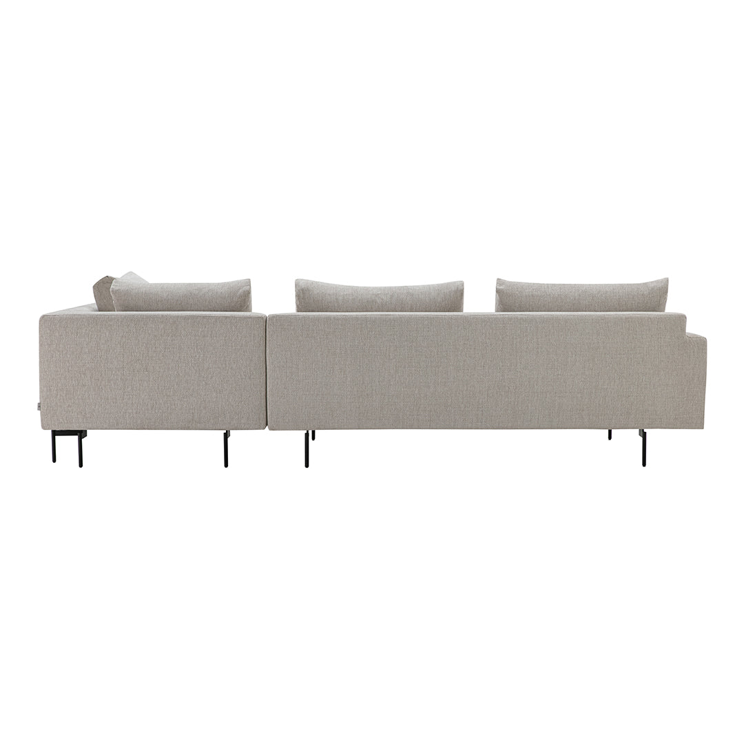 Beige modern couch with clean lines and subtle textural pattern, featuring sleek metal legs.