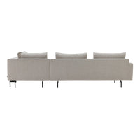 Beige modern couch with clean lines and subtle textural pattern, featuring sleek metal legs.