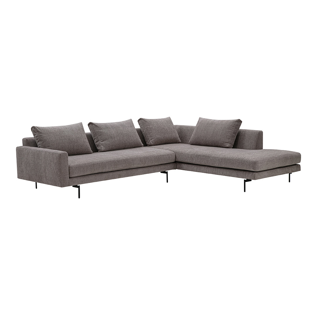 Gray sectional sofa with a modern design and plush cushions, featuring a smooth fabric texture and minimalist style.