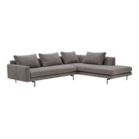 Gray sectional sofa with modern design and soft fabric, featuring plush cushions and sleek metal legs.