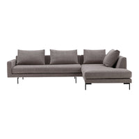 Modern gray upholstered sectional sofa with clean lines and subtle texture, featuring four plush pillows and sleek metal legs.