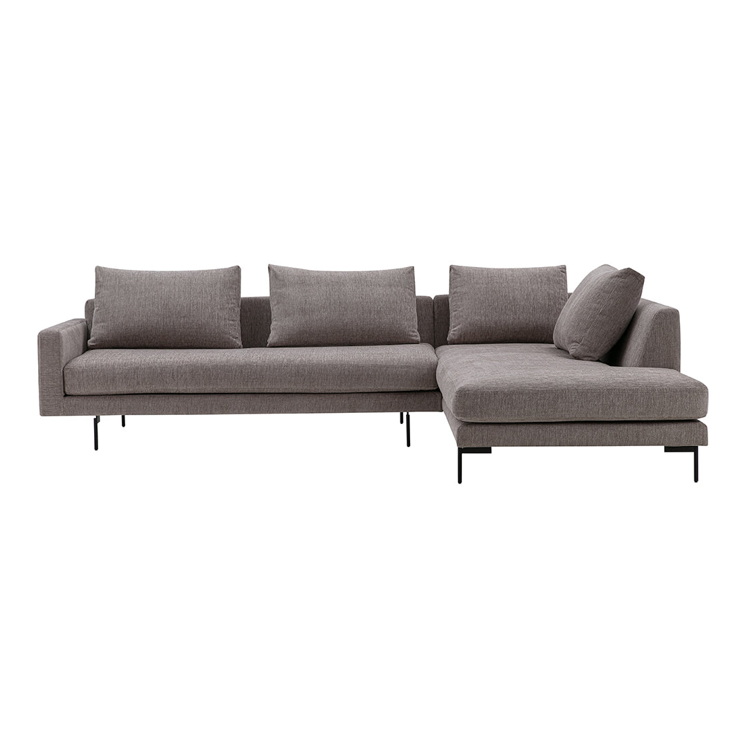 Gray sectional sofa with subtle texture and clean lines, featuring plush cushions and sleek metal legs.