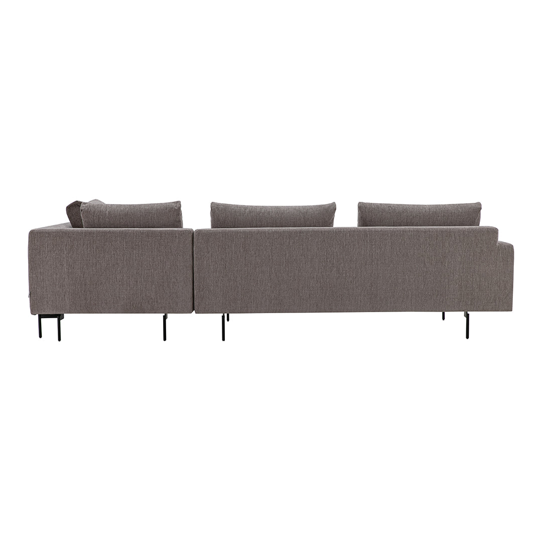 Gray upholstered sofa with a subtle textured pattern and sleek black legs. Perfect for modern living spaces.