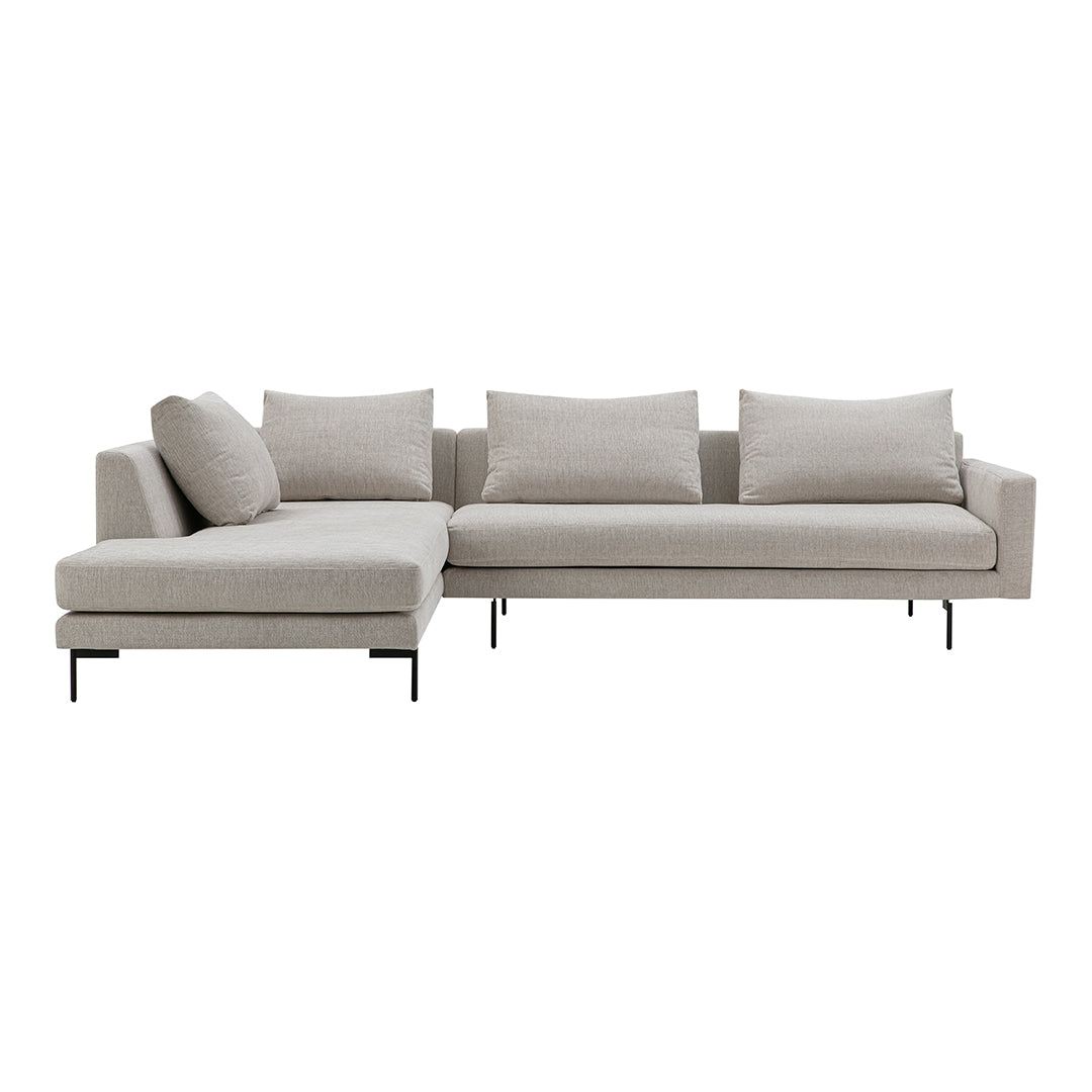 Light gray sectional sofa with clean lines and soft fabric, featuring solid cushions and minimalistic black metal legs.