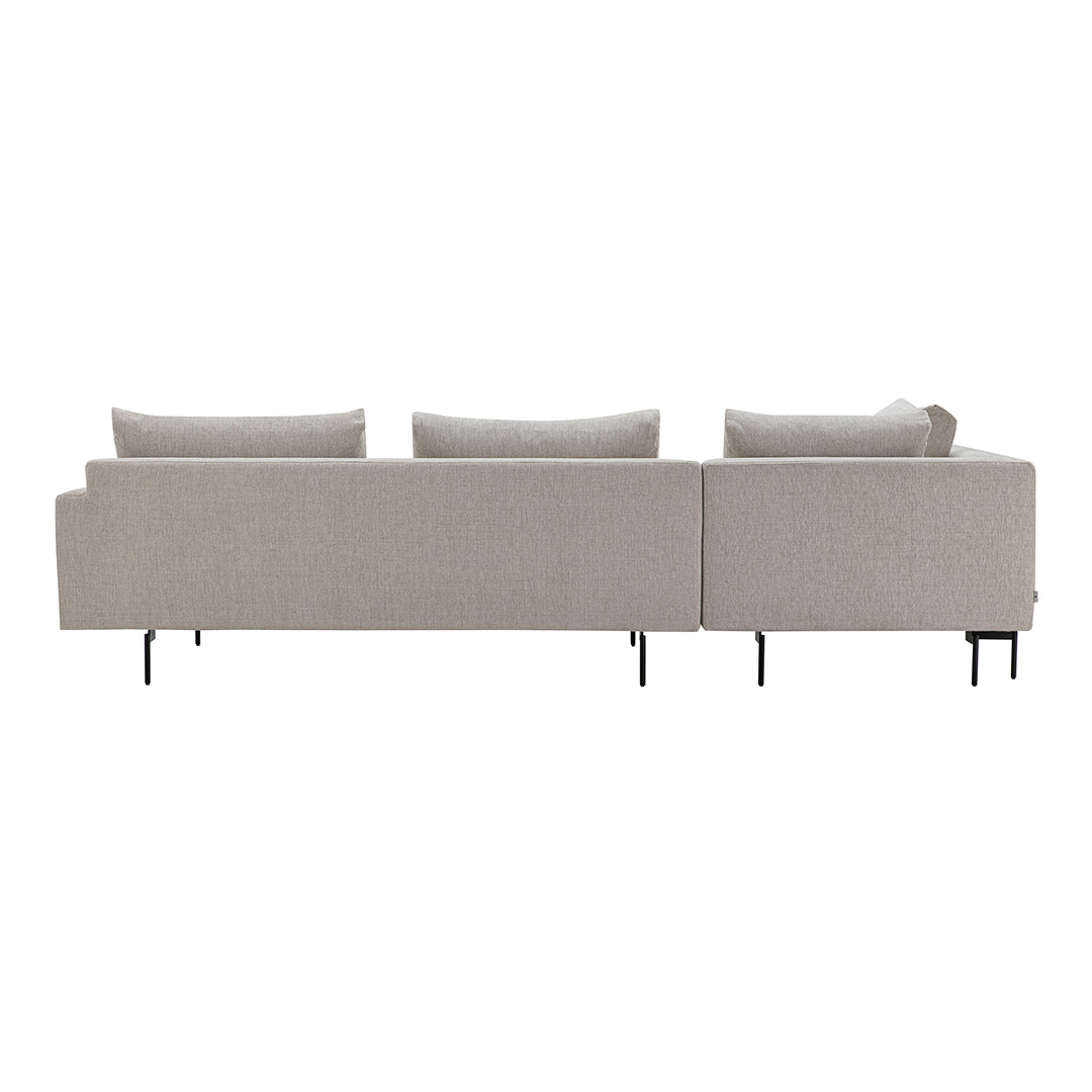 Beige fabric sofa with sleek lines and minimalistic design, featuring subtle texture and modern black legs.