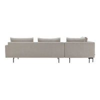 Light beige fabric sofa with a minimalist design and smooth patterns on a sleek black metal frame.
