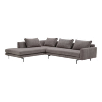 Gray sectional sofa with plush cushions and sleek metal legs, featuring a modern, minimalist design. Ideal for stylish living spaces.