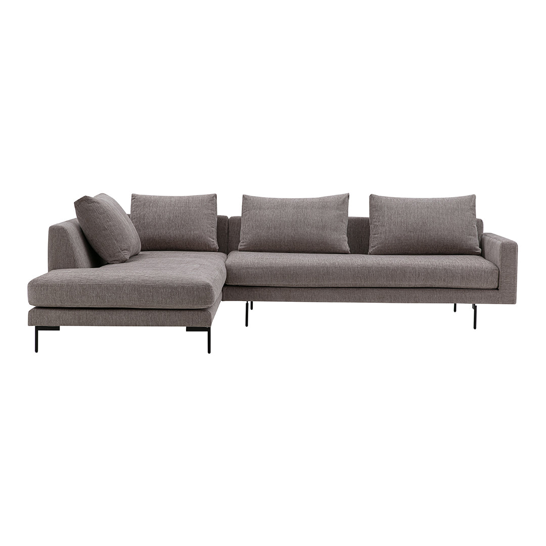 Modern gray sectional sofa with smooth fabric and sleek black metal legs, featuring a minimalist design.