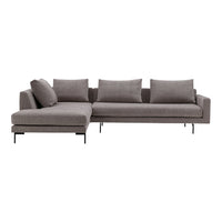 Modern gray sectional sofa with smooth fabric and sleek black metal legs, featuring a minimalist design.