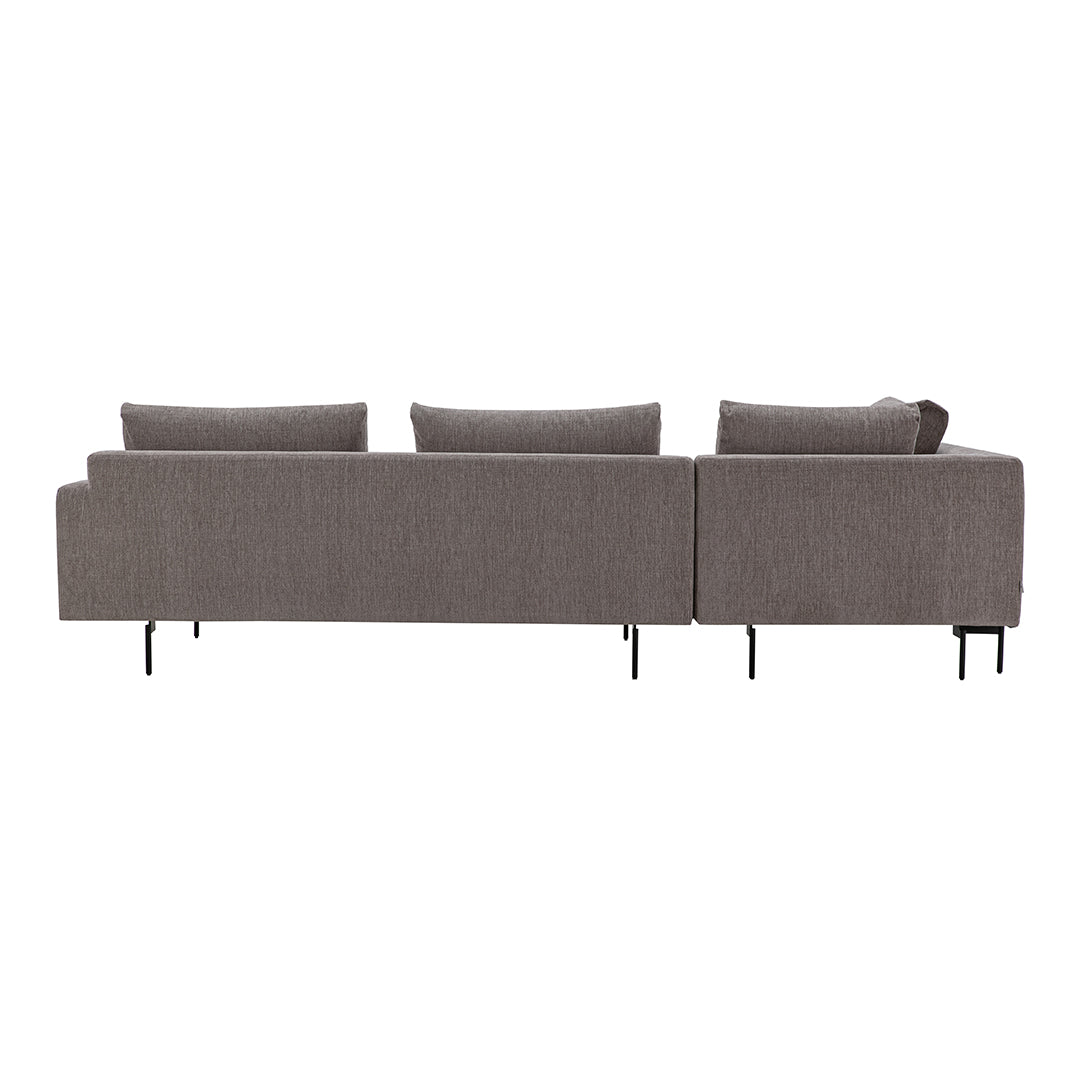 Gray fabric sofa with minimalist design and smooth texture, featuring contrasting black legs.