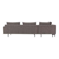 Gray fabric sofa with clean lines and subtle texture, featuring three back cushions and modern black legs.