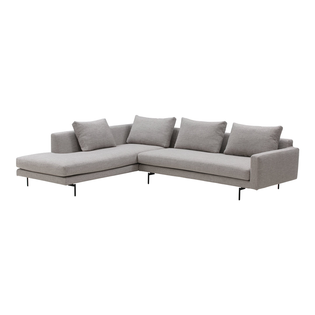 Modern grey sectional sofa with sleek design and plush cushions, perfect for contemporary living spaces.