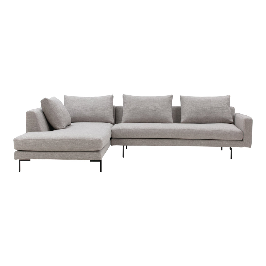 Light gray sectional sofa with clean lines and subtle texture, featuring soft cushions for comfort.
