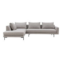 Light gray sectional sofa with clean lines and subtle texture, featuring soft cushions for comfort.