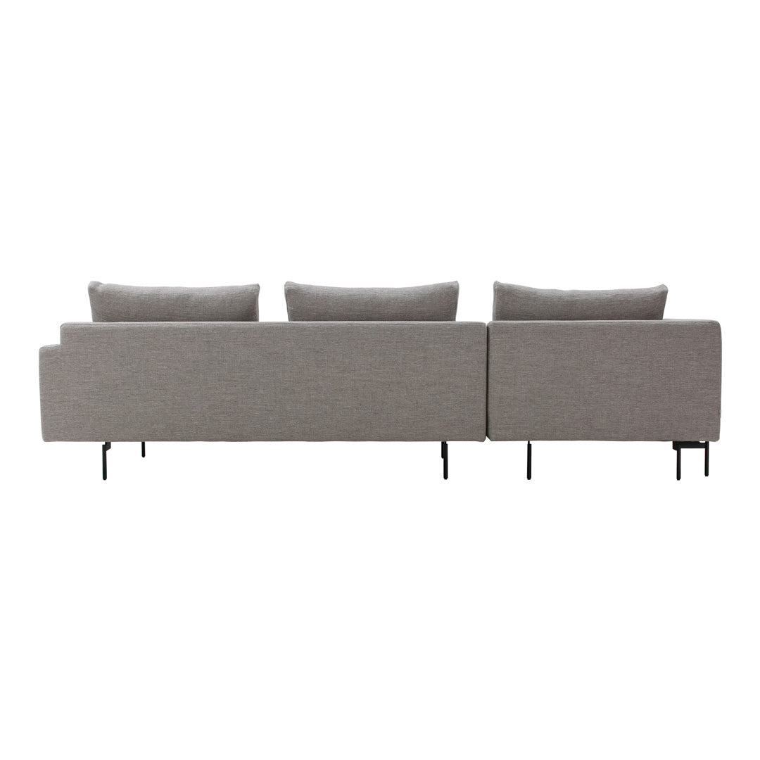 Gray upholstered sofa with sleek modern design and subtle textured pattern, featuring three plush back cushions.