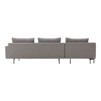 Gray upholstered sofa with sleek modern design and subtle textured pattern, featuring three plush back cushions.