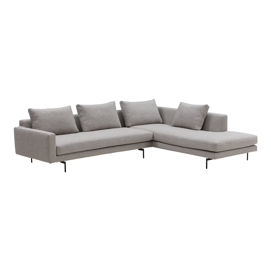 Light gray sectional sofa with plush cushions and sleek metal legs, featuring a modern minimalist design.