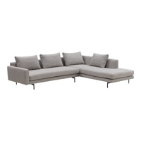 Light gray sectional sofa with a sleek design and subtle texture, featuring comfortable, matching cushions.