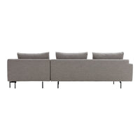 Gray upholstered sofa with smooth, solid surface and subtle texture, featuring three plush cushions and black legs.