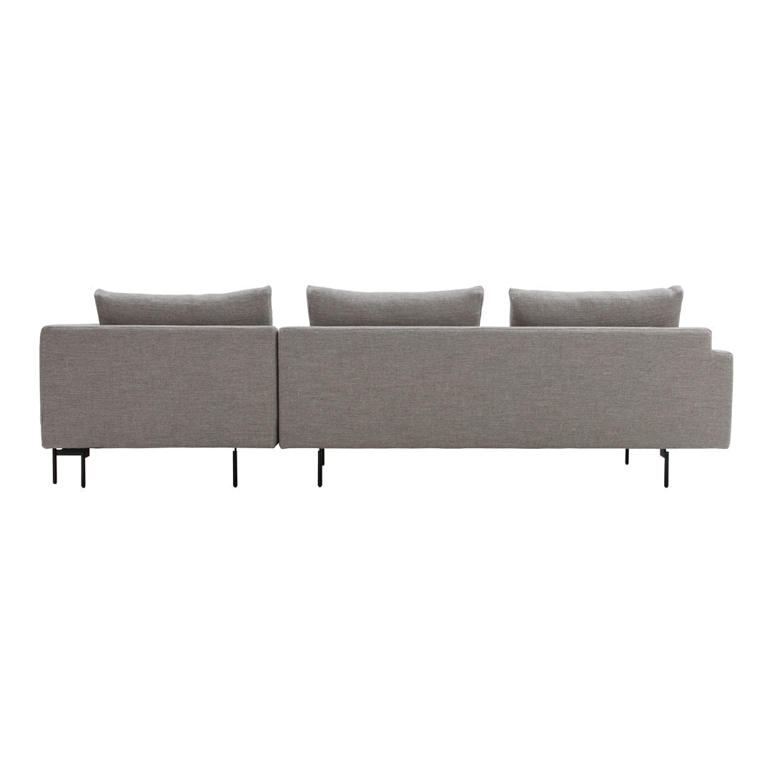 Modern gray sofa with clean lines and textured fabric, featuring three plush cushions and sleek black legs.