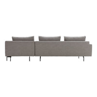 Modern gray sofa with clean lines and textured fabric, featuring three plush cushions and sleek black legs.