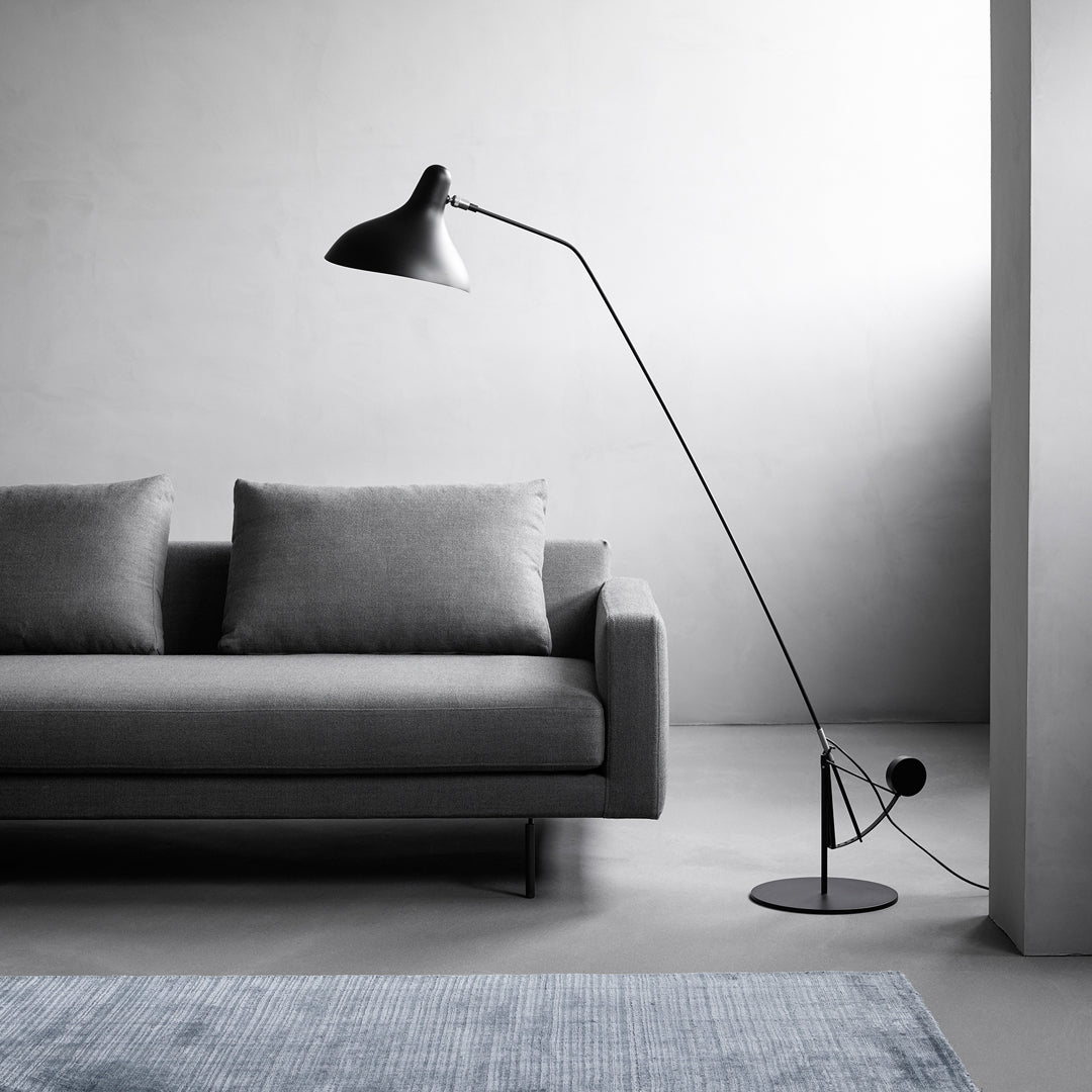 Modern black floor lamp beside a gray sofa, with a light blue textured rug on a neutral floor. Minimalist design and colors.