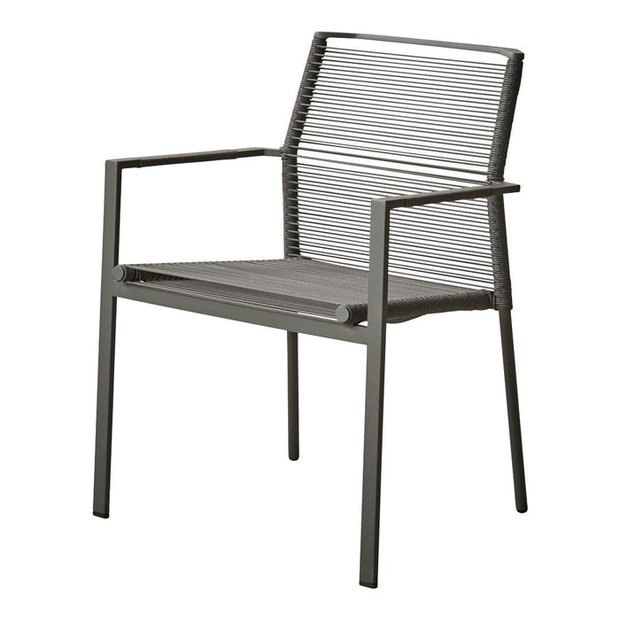 Gray lounge chair with a sleek, linear pattern and minimalist design, featuring a modern metal frame.