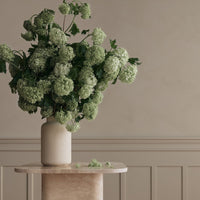Bouquet of green flowers in a cream vase atop a light marble pedestal, set against a neutral background.