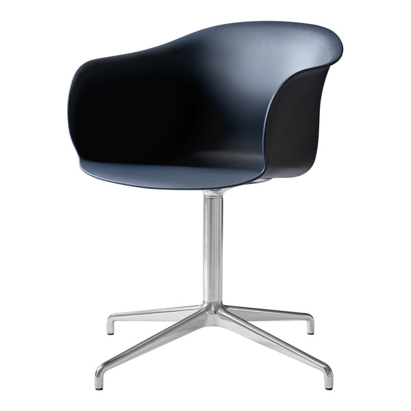 Blue molded chair with a sleek curved design and a shiny metal base, perfect for modern decor.