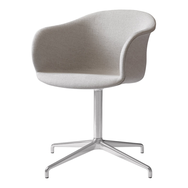 Light gray upholstered chair with a smooth, curved design and a sleek metal base. Perfect for modern decor.